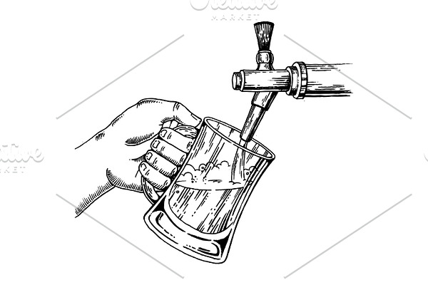 Beer pours glass from beer tap engraving vector