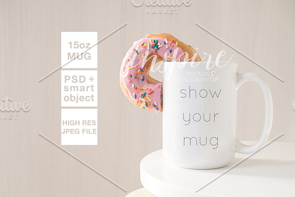 15oz Ceramic Mug Mockup + Donut PSD