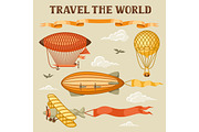 Set of retro air transport. Vintage aerostat airship, blimp and plain in cloudy sky