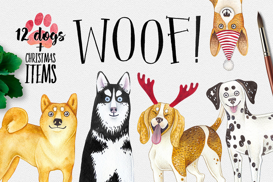 CHRISTMAS DOGS watercolor set in Illustrations - product preview 8