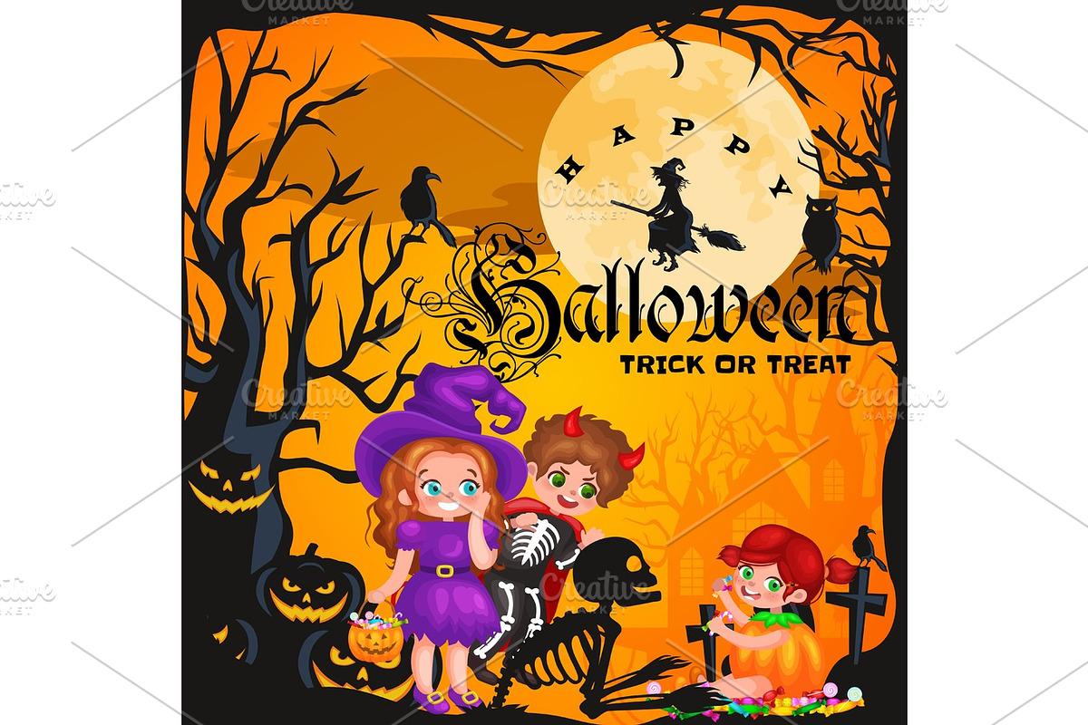 Cute colorful Halloween kids in costume for party set isolated vector illustration in Illustrations - product preview 8