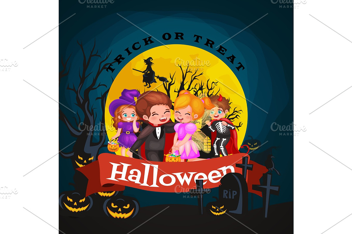 Cute colorful Halloween kids in costume for party set isolated vector illustration in Illustrations - product preview 8