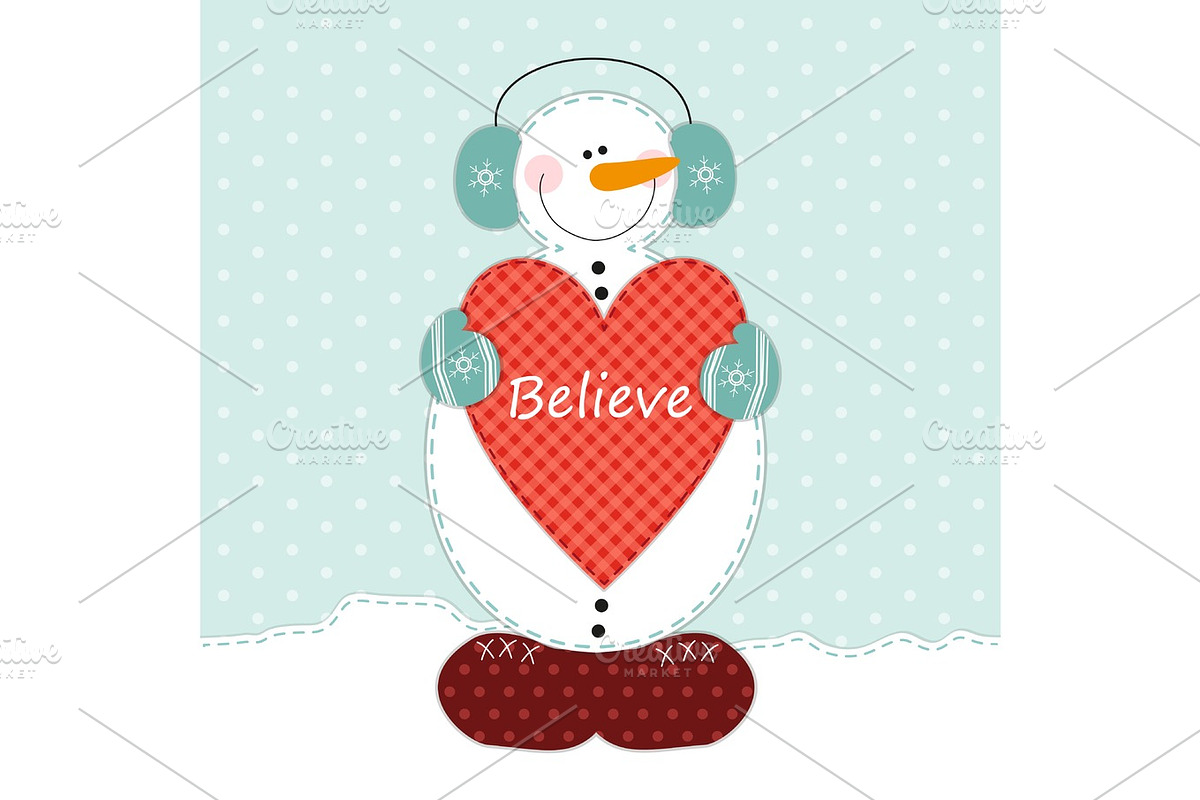 Cute snowman with big heart as retro fabric applique in shabby chic style in Objects - product preview 8