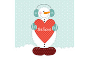 Cute snowman with big heart as retro fabric applique in shabby chic style