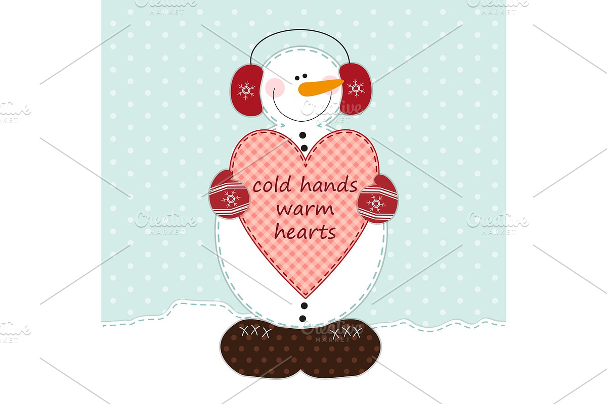 Cute snowman with big heart as retro fabric applique in shabby chic style in Objects - product preview 8