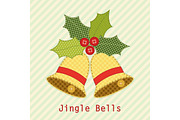 Cute Christmas bells with holly berry as retro fabric applique in shabby chic style