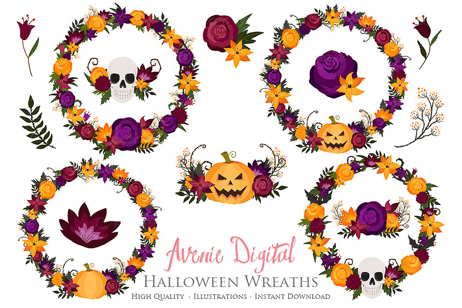Halloween Flower Wreath Clipart in Illustrations - product preview 8