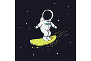 Surfer astronaut flying on surfboard