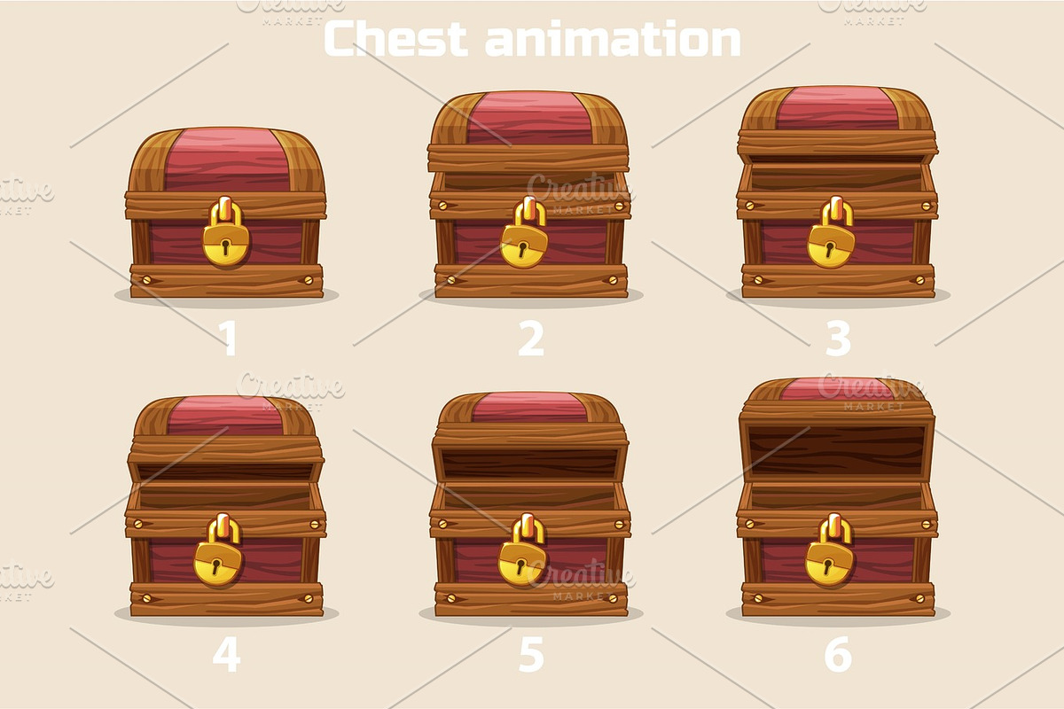 Animation step by step open and closed old wooden chest in Illustrations - product preview 8