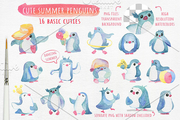 Watercolor Cute Cartoonish Penguins in Illustrations - product preview 1