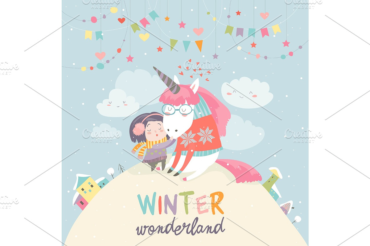 Cute girl hugging unicorn. Winter wonderland in Objects - product preview 8