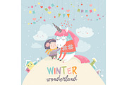 Cute girl hugging unicorn. Winter wonderland