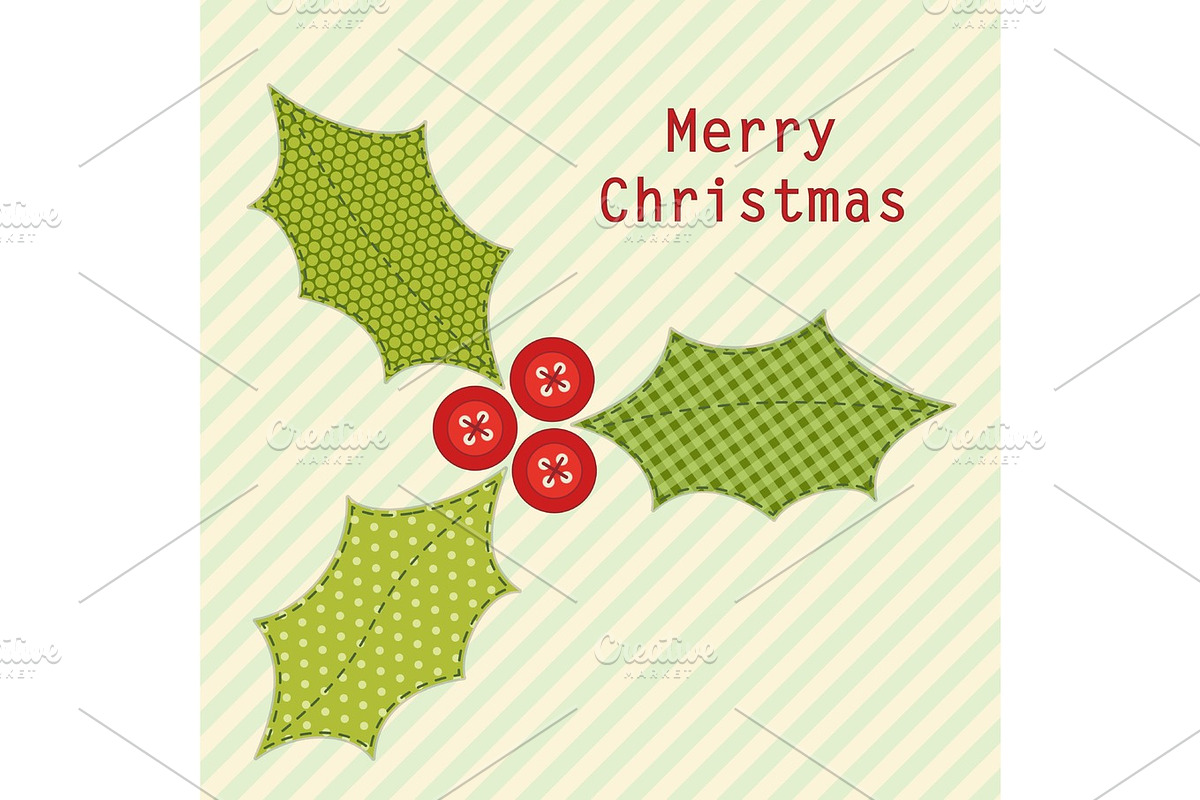 Cute Christmas card with holly berry as retro fabric applique in shabby chic style in Objects - product preview 8