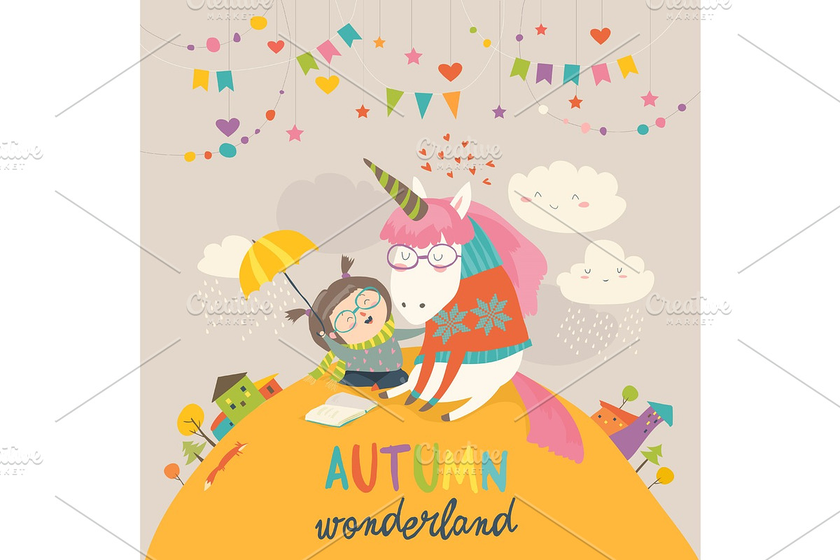 Cute girl hugging unicorn. Autumn wonderland in Illustrations - product preview 8