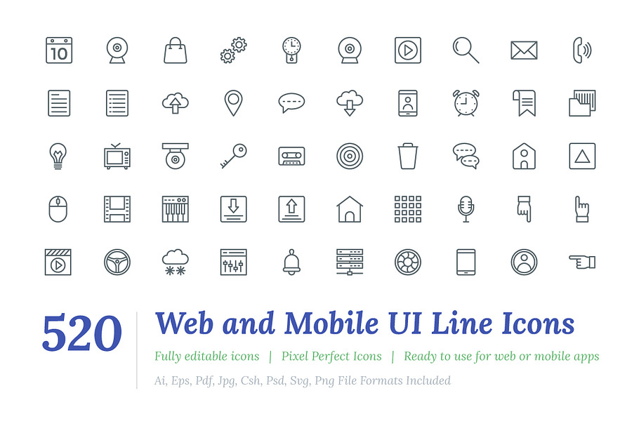 520 Web and Mobile UI Line Icons 