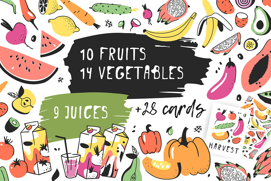 Fruits, vegetables, juices, patterns