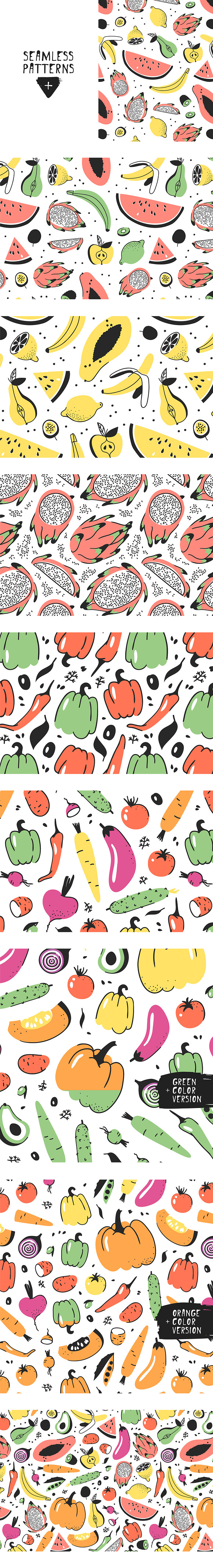 Fruits, vegetables, juices, patterns in Illustrations - product preview 3