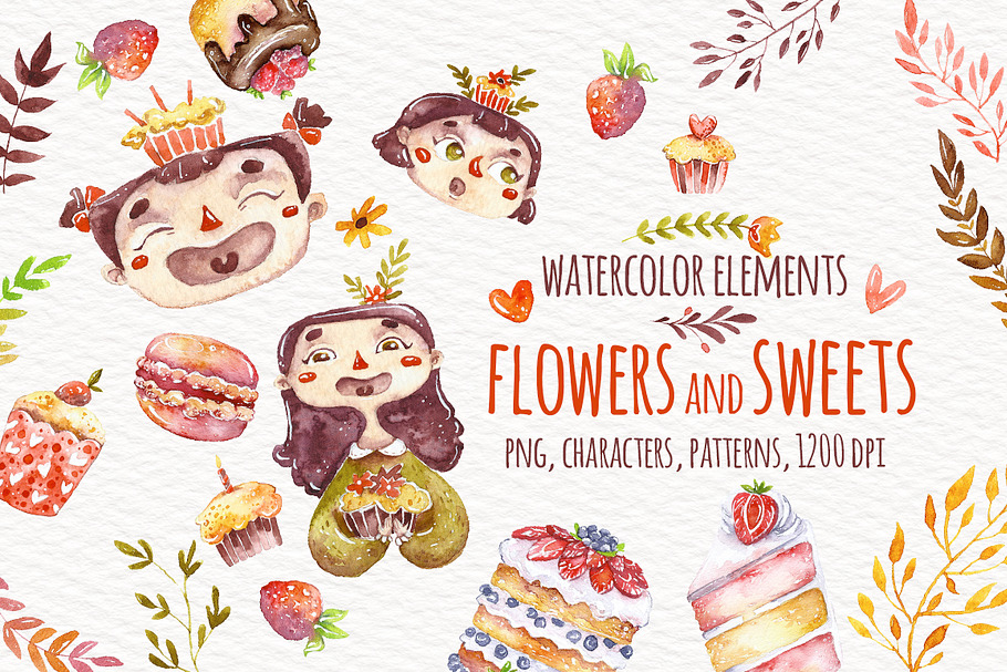 Watercolor sweets and flowers in Illustrations - product preview 8