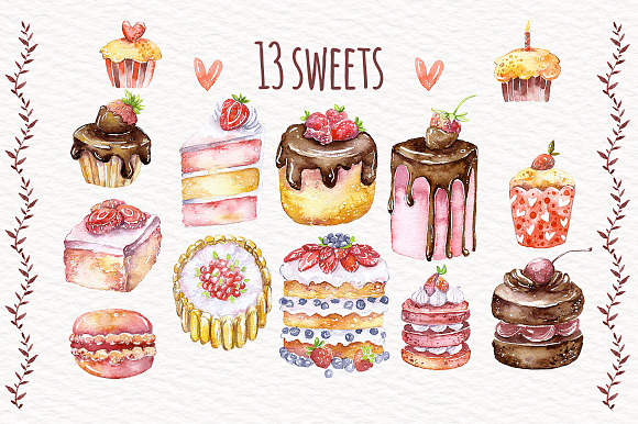 Watercolor sweets and flowers in Illustrations - product preview 2