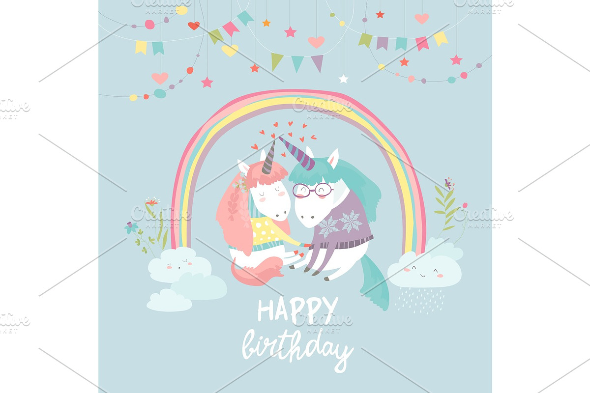 Cute card with fairy unicorns in love in Illustrations - product preview 8