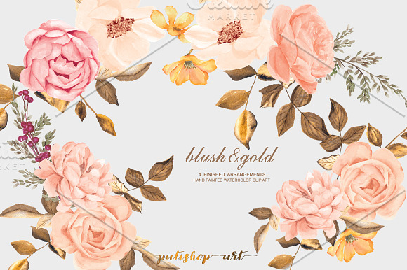 Watercolor Blush Gold Roses Clip Art in Illustrations - product preview 1