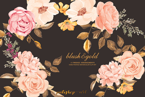 Watercolor Blush Gold Roses Clip Art in Illustrations - product preview 2