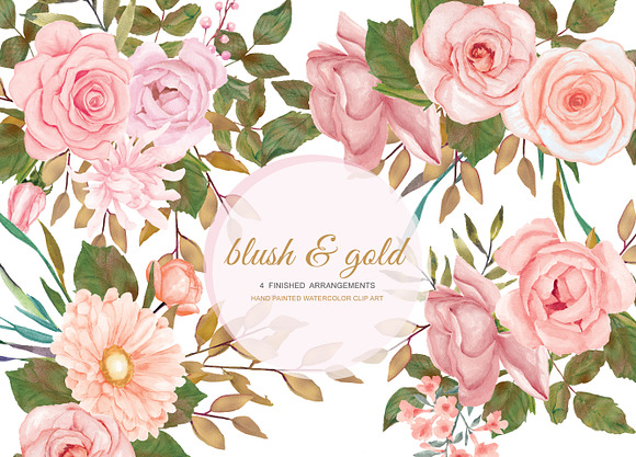 Watercolor Blush Gold Rose Clip Art in Illustrations - product preview 1