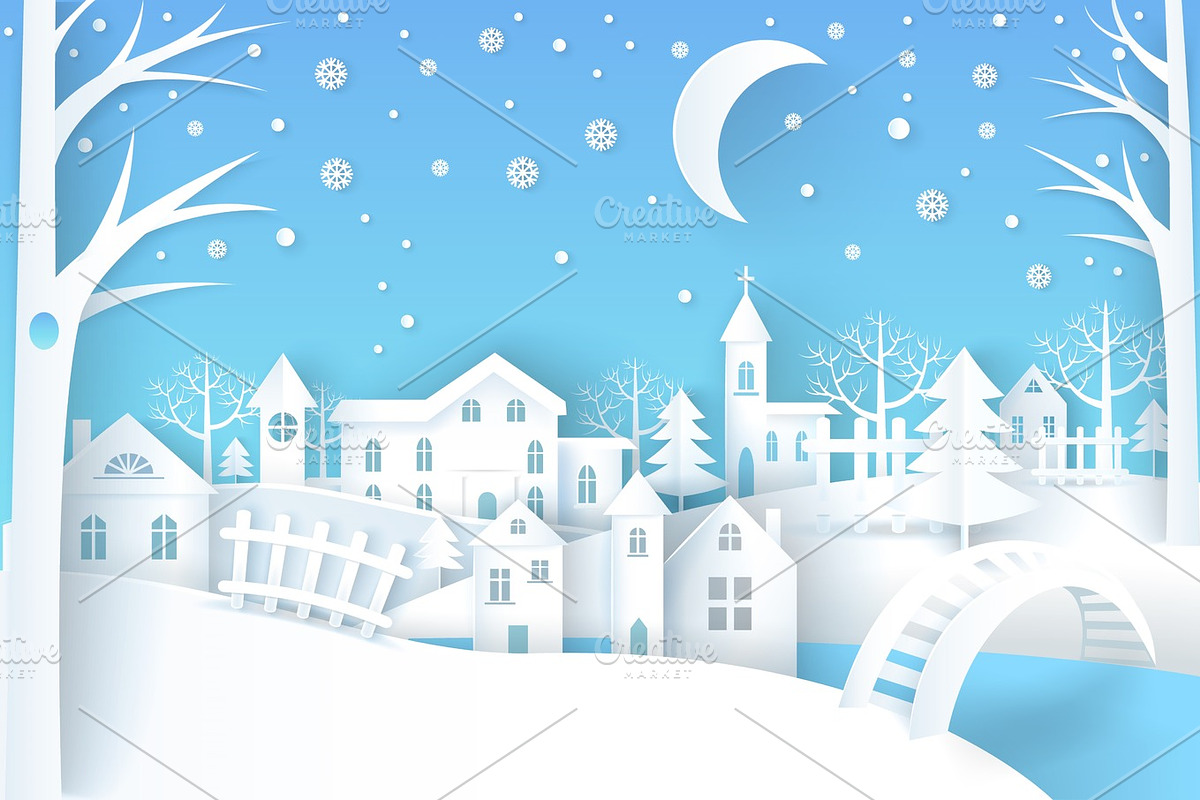 Winter Landscape Vector Illustration Blue &White in Illustrations - product preview 8