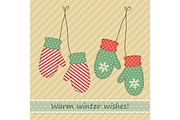 Cute fabric retro mittens as Christmas decorations in shabby chic style