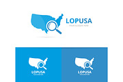 Vector of usa and loupe logo combination. America and magnifying symbol or icon. Unique united state and search logotype design template.