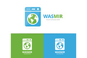 Vector of laundry and world logo combination. Washing machine and planet symbol or icon. Unique washer and earth logotype design template.