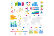 Vector Big set of infographics elements Graphics colourful for display white poster Round, triangular, rising, falling and with percentages diagrams showing business progress and regression