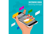 Woman received an e-mail online on a mobile phone. Message online Incoming email isometric vector concept. Receiving messages