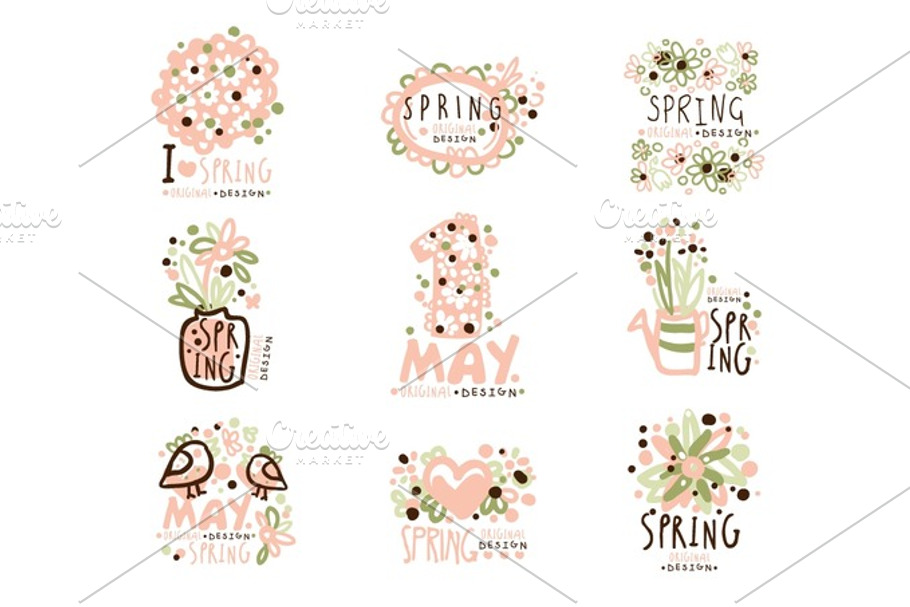 Spring, 1 May set for label design. Spring holidays, First May, International labor day vector Illustrations in Illustrations - product preview 8