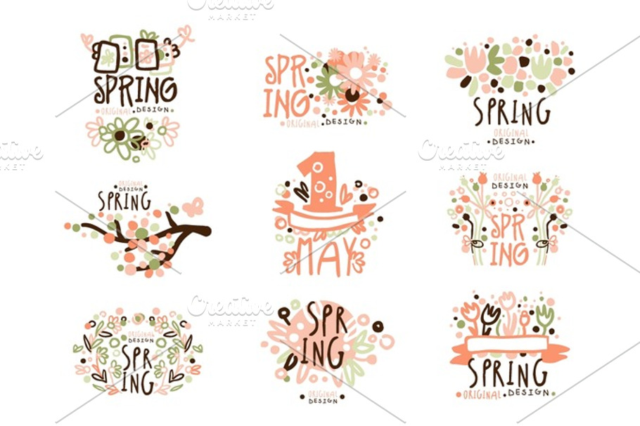 Spring, 1 May set for label design. Spring holidays, First May, International labor day colorful vector Illustrations in Illustrations - product preview 8