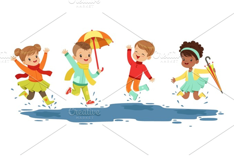 Cute smiling little kids playing on puddles, set for label design. Active leisure for children. Cartoon detailed colorful Illustrations in Illustrations - product preview 8