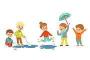 Cute smiling little kids playing on puddles, set for label design. Active leisure for children. Cartoon detailed colorful Illustrations