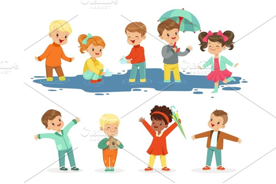 Cute smiling little kids playing on puddles, set for label design. Active leisure for children. Cartoon detailed colorful Illustrations in Illustrations - product preview 8