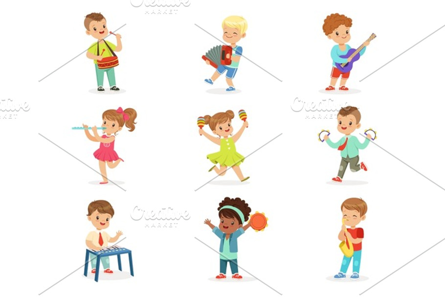 Cute children dancing and playing musical instruments, set for label design. Cartoon detailed colorful Illustrations in Illustrations - product preview 8