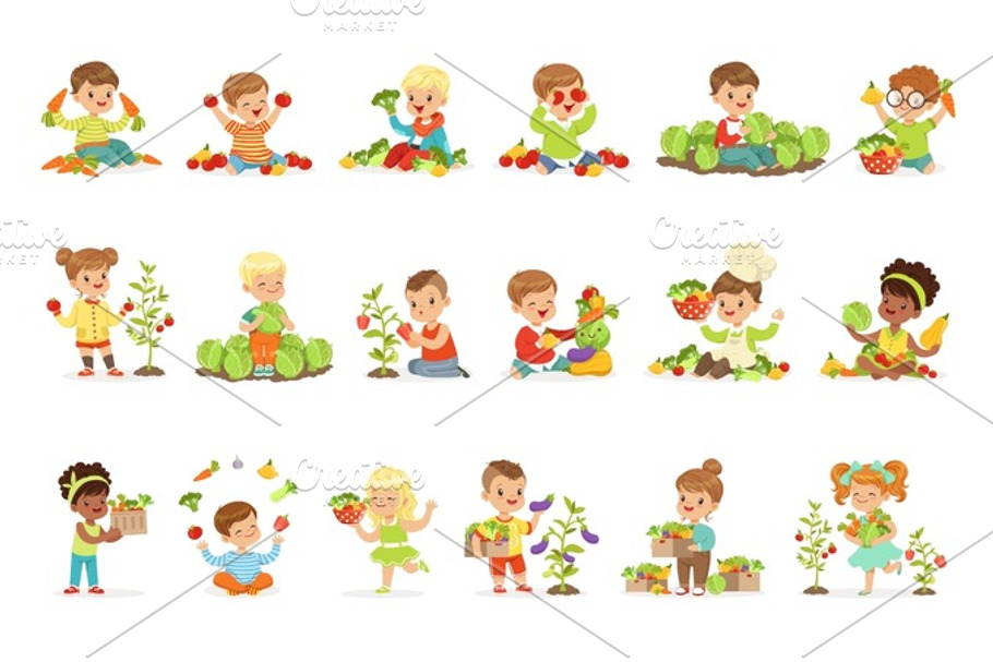 Little children having fun and playing with vegetables, set for label design. Cartoon detailed colorful Illustrations in Illustrations - product preview 8