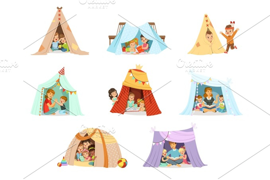 Cute little children playing with a teepee tent, set for label design. Cartoon detailed colorful Illustrations in Illustrations - product preview 8