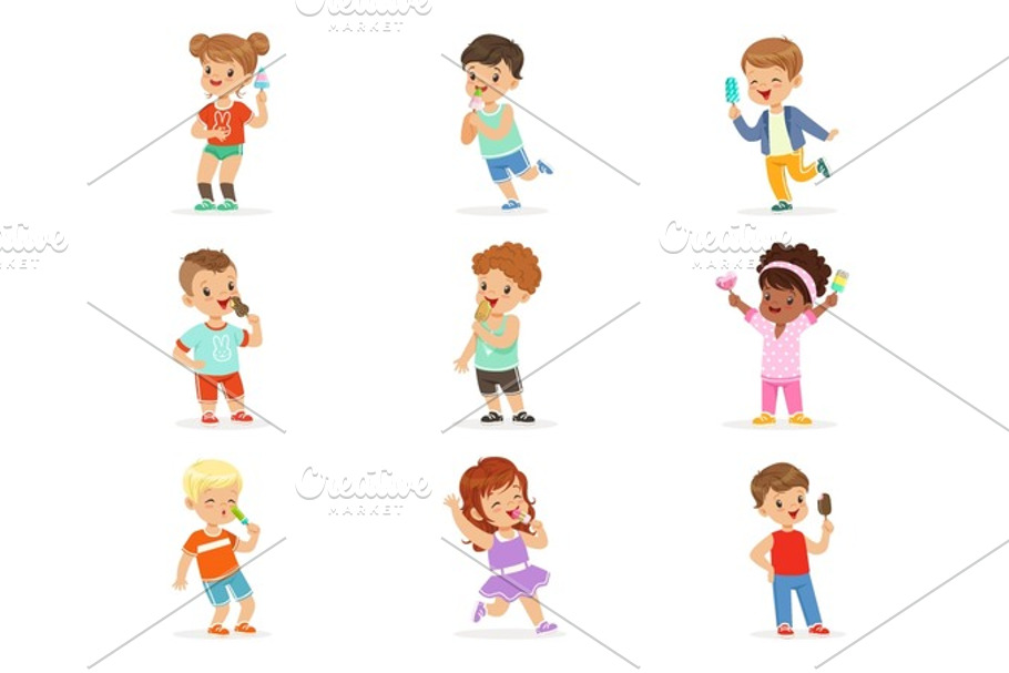 Cute little children eating ice cream. Happy children enjoying eating with their ice cream. Cartoon detailed colorful Illustrations in Illustrations - product preview 8