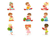Cute little kids eating watermelon. Healthy eating, snack for children. Cartoon detailed colorful Illustrations