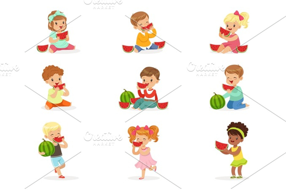 Cute little kids eating watermelon. Healthy eating, snack for children. Cartoon detailed colorful Illustrations in Illustrations - product preview 8