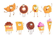 Funny sweets standing and smiling, set for label design. Cartoon detailed Illustrations