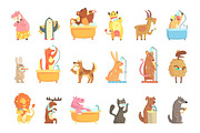 Cute animals bathing and washing in water, set for label design. Hygiene and care, cartoon detailed Illustrations