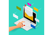 Incoming email isometric vector concept. Receiving messages. Laptop with envelope and document on a screen. Email, email marketing, internet advertising concepts.