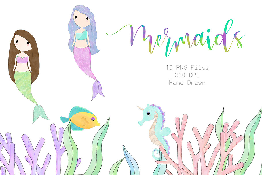 Sketched Mermaid and Friends Clipart