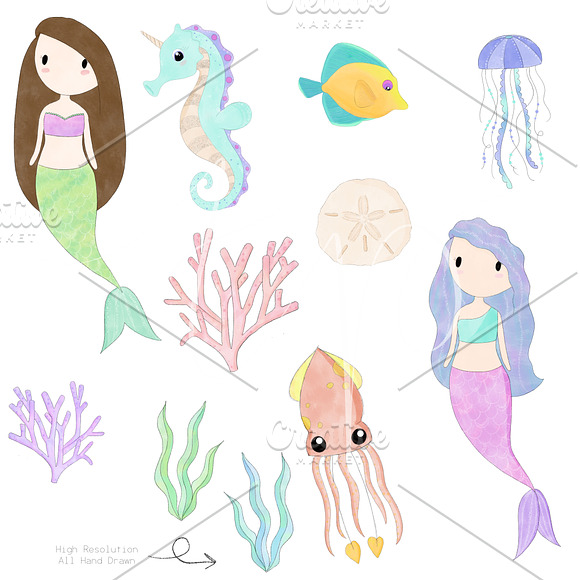 Sketched Mermaid and Friends Clipart in Illustrations - product preview 1