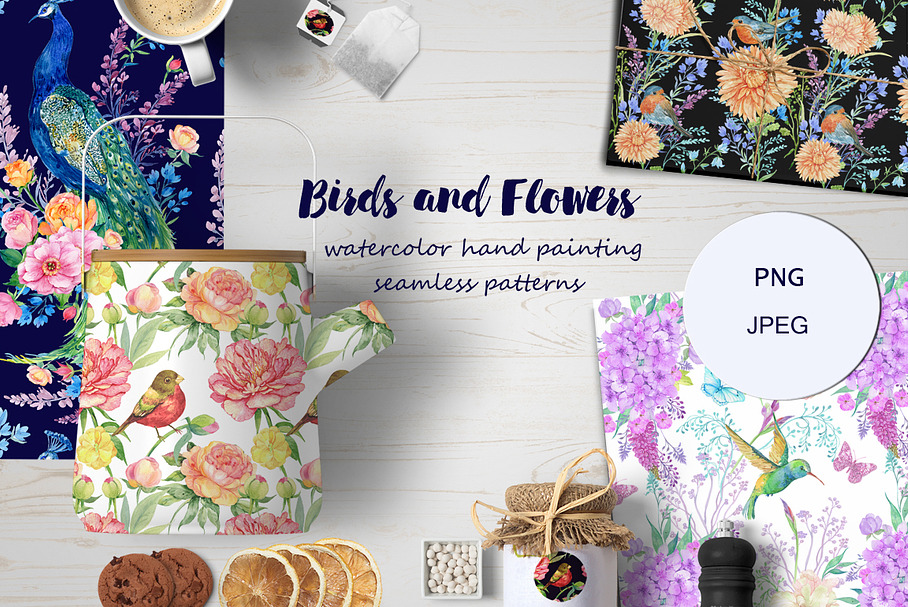 flowers and birds watercolor pattern